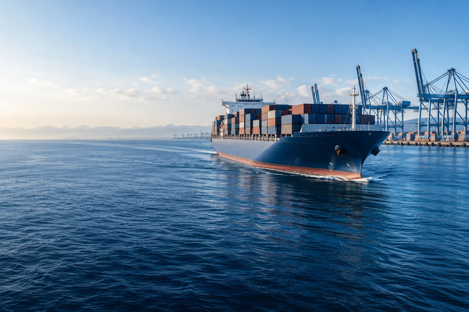 Cargo ship at sea beside a port